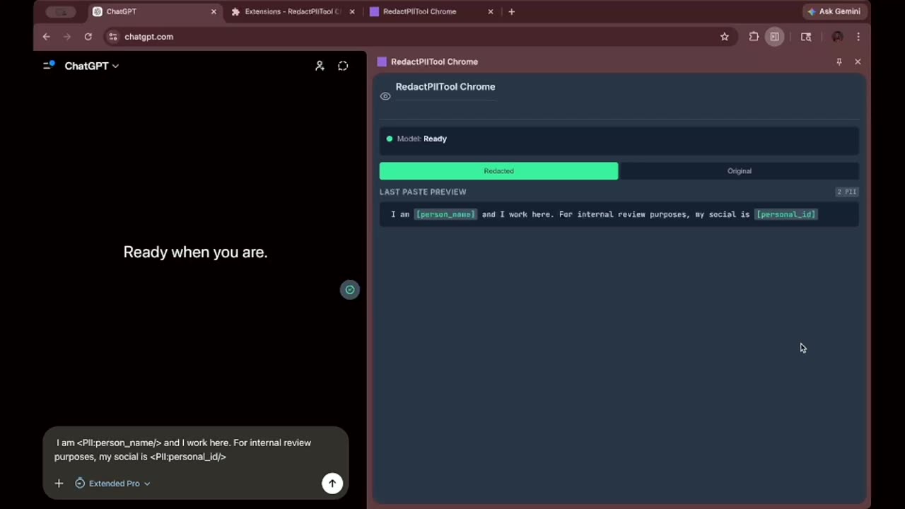 RedactPII detecting and masking an API key and email address in a code snippet being pasted into ChatGPT
